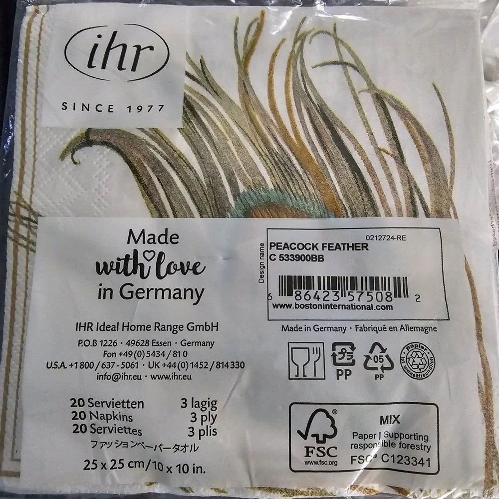 IHR Ideal Home Range Peacock Feather 3-Ply Paper Napkins 20ct Made in Germany